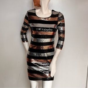 Striped, sequined, mid-sleeved mini, size M